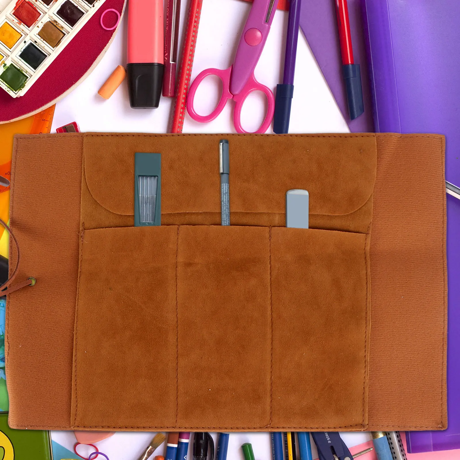 Vintage Canvas Brown Pen Pouch Design PU Material Pen Storage Bag Suitable School Office