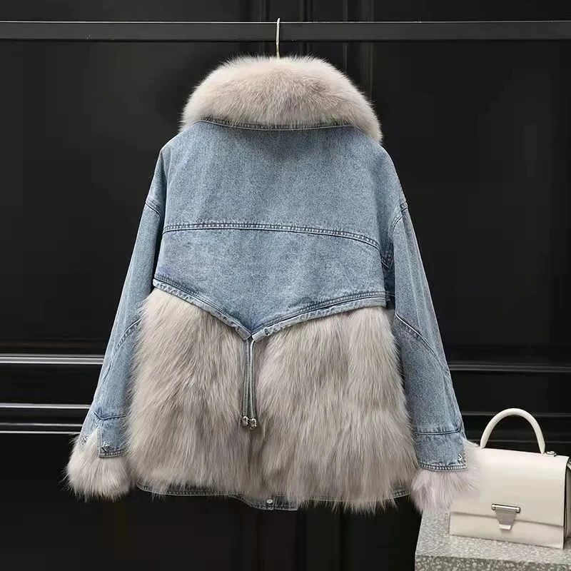 2024 inverno nuovo cappotto di pelliccia Denim cuciture cappotto di pelliccia grande collo di pelliccia giacca invernale coreano sciolto Denim