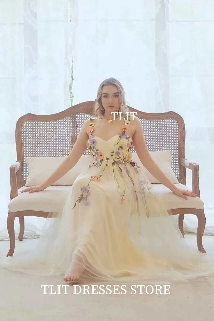 TLIT eleganckie jasnożółte aplikacje kwiaty tiulowa suknia wieczorowa Spaghetti pasek formalna suknia wieczorowa dostosowane sukienki z odkrytymi plecami