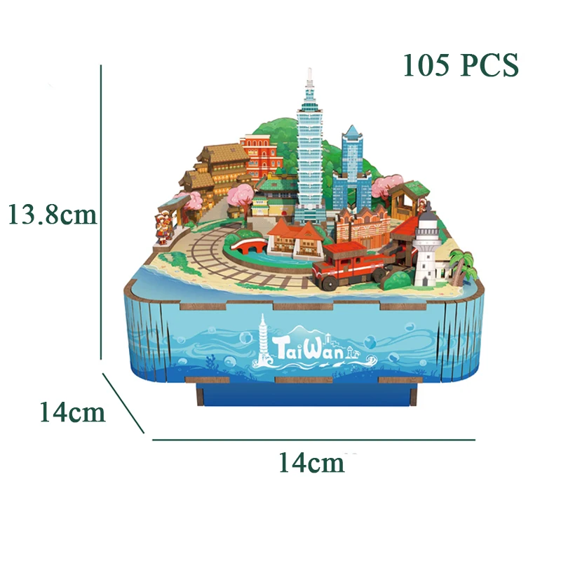 DIY 3D Wooden Taiwan Street View Music Box Miniature Model Kits Jigsaw Puzzles With Light Can Move for Children Christmas Gifts