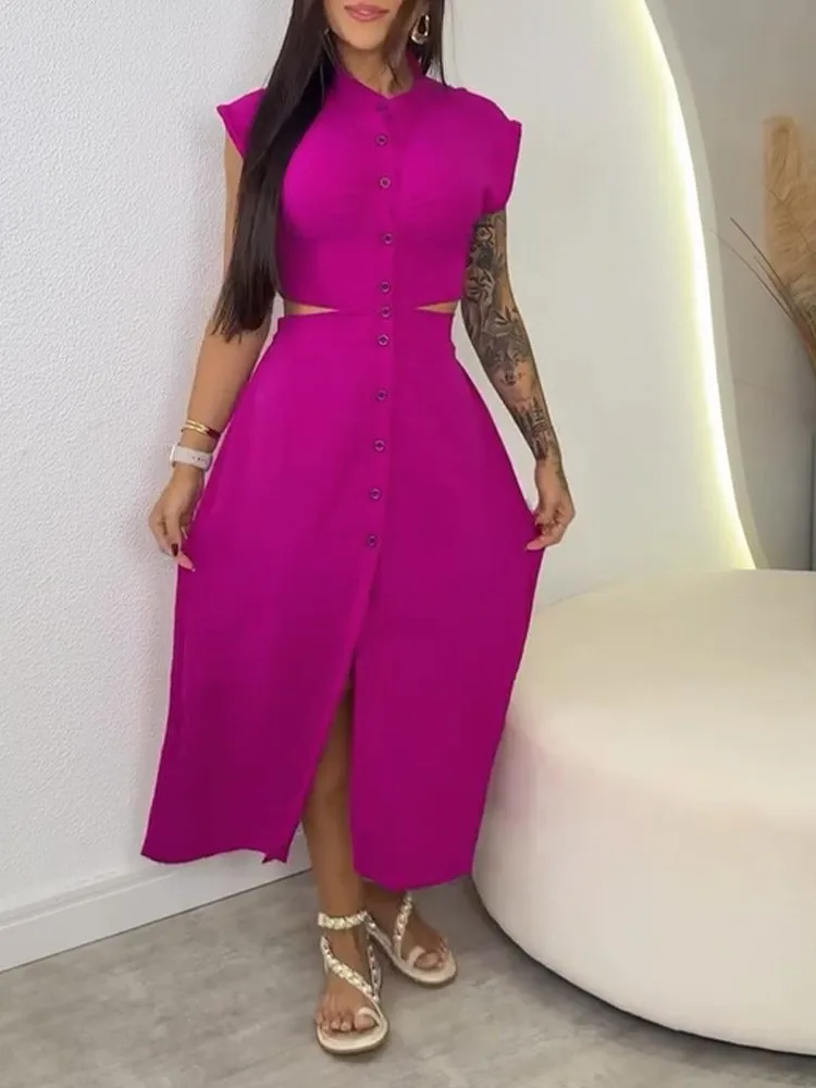 

New Spring Sexy Hollow Out Buttons Maxi Dresses Women Fashion Stand Collar Sleeveless Folds Dresses Office Ladies Party Dress