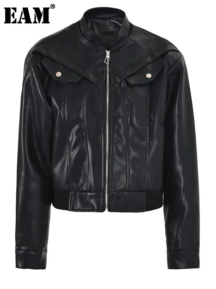 [EAM] chaqueta de cuero PU informal de talla grande negra nuevo cuello alto abrigo de manga larga para mujer moda tendencia primavera otoño 2024 CPG0653