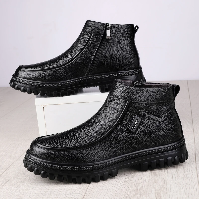 Plus Big Size 49 50 51 Genuine Leather Mens Boots With Zippers Warm Snow Boots Original Cow Leather \