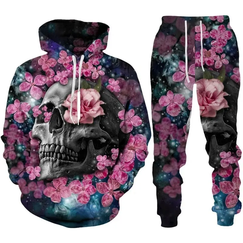 Autumn Floral Skull 3D Printed Hoodie Suit Men Sweatshirts Sweatpants Casual Fashion Two Piece Tracksuit Set Men\'s Clothing