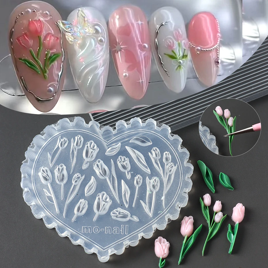 3D Tulip Flowers Silicone Nails Carving Stencil Mold Spring Floral Petals Sakura Lily Leaf DIY Tools Manicure Accessories Decor