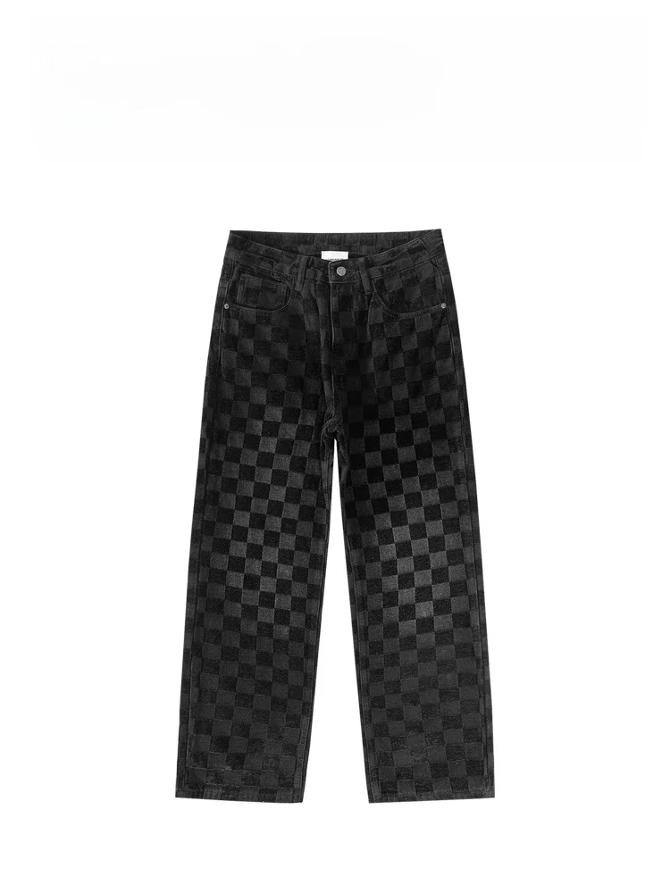 

BAIRBAOLIY Sli Bla Plaid American High-End Men's Jeans Casual Straight Leg Loose Fit Faionable Urban Youth Long Pants