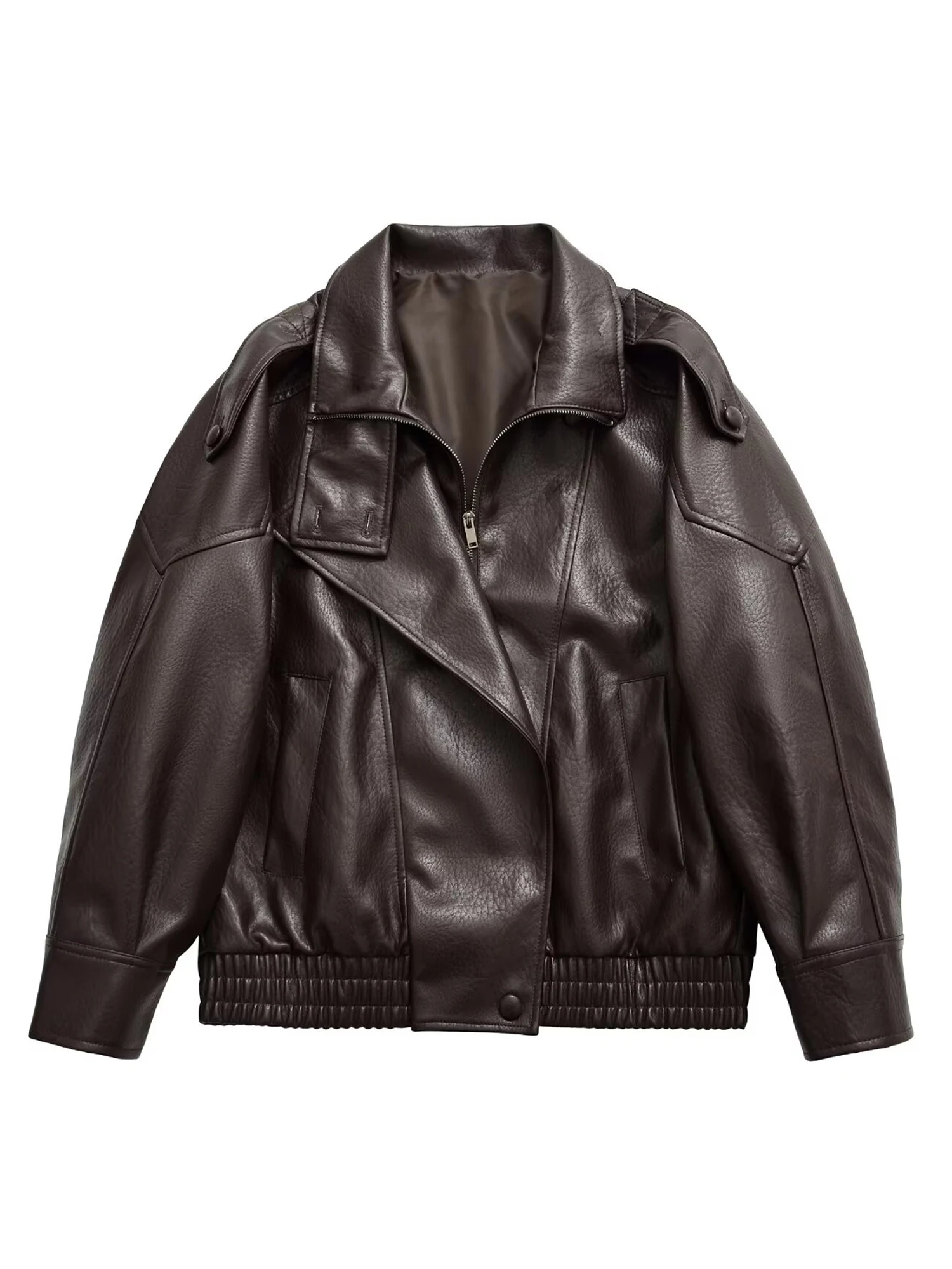 سترة فضفاضة من الجلد الصناعي للسيدات ماركة 2026 معطف عالي الشارع بياقة واقفة وأكمام طويلة ملابس خارجية بسحّاب غير رسمية للخريف والشتاء #5