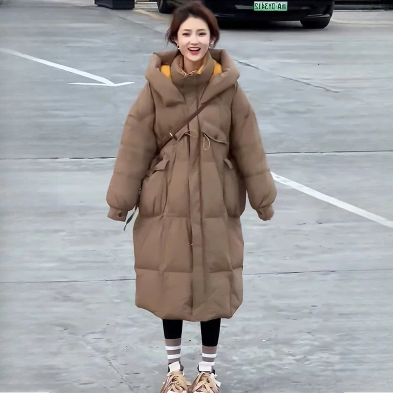 

Модный пуховик, длинное пальто до колен из белого утиного пуха, теплая куртка с капюшоном, женская, новая модель Зима 2026