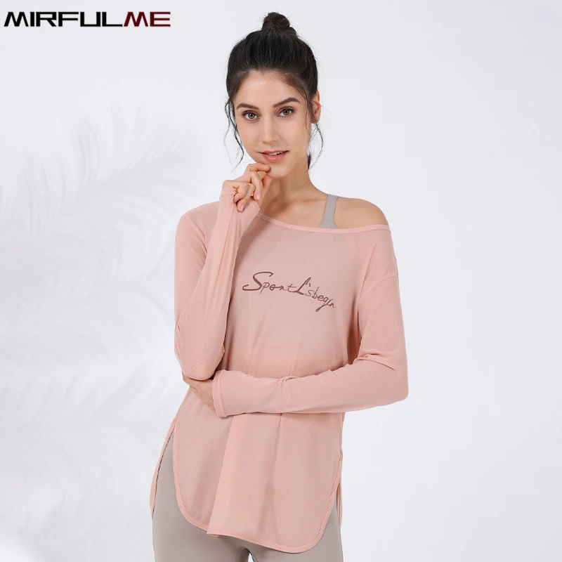 

Women Loose Yoga Shirts Long Sleeves Sport T-Shirt Mesh Breathable Running Sweatshirts Curved Hem Gym Fitness Tops Blouse Female