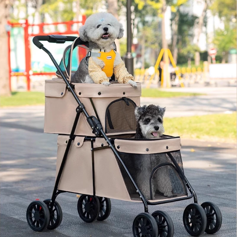 Cochecito para mascotas de dos pisos, portador ligero plegable para gatos/perros, asiento de viaje todoterreno con dosel, cochecito transpirable para exteriores