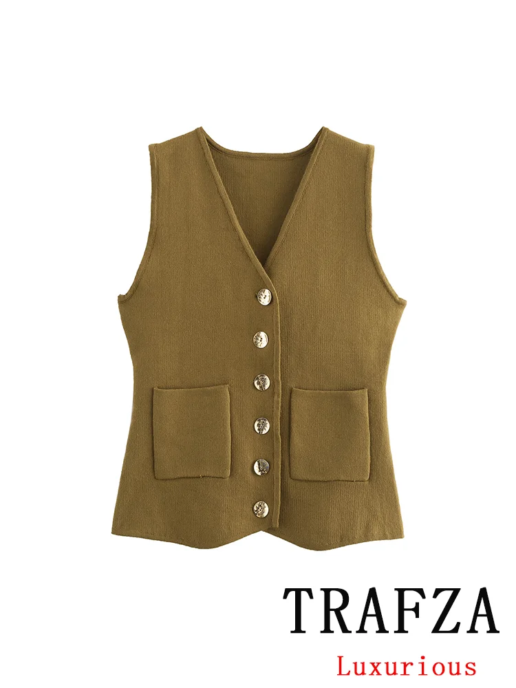 TRAFZA Vintage Casual Chic Women Knitted Tops Solid VNeck Single Breasted Pockets Sleeveless Short Vest Fashion 2024 Autumn Tops