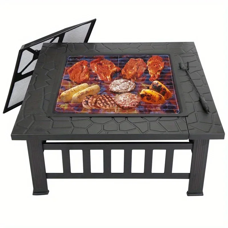 

32" Metal Firepit Patio Backyard Garden Square Stove Cover Fire Pit Heat Brazier