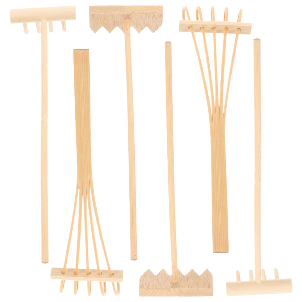 

6pcs Mini Rake Set Wood Garden Tools for Table Decoration Sandbox Accessories Small Rakes Beige Durable Elegant Sand Tray Rake
