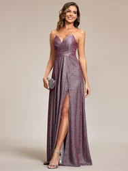 Ever pretty 2024 Gorgeous Evening Dresses Deep V-neck Hot Split Pleated Maxi Lacing  of Shiny Metallic Rose Bridesmaid Dresses