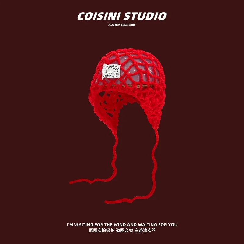 

New Retro Crochet Hollowed-out Pullover Beanies Y2K Spring Autumn Travel Fashion Versatile Photo Atmosphere Sweet Women's Hat