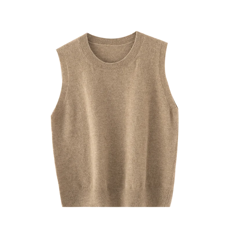 Simple and Soft 100% Cashmere Round Neck Sleeveless Knit Vest Women's Loose Slimming Base Layer Sweater