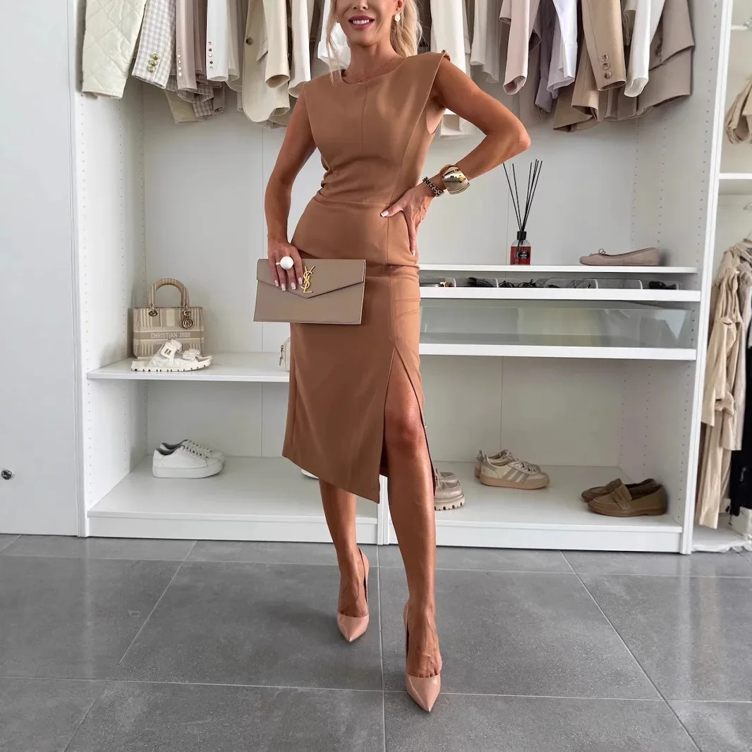 

2025 New Round Neck Elegant Split Fork Solid Color Slim Dress Women's Europe and The United States