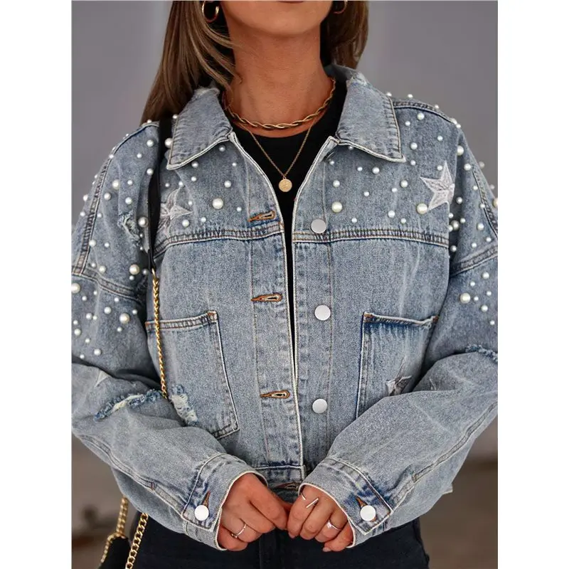 【КОМПЛЕКТЫ】Женская укороченная джинсовая куртка с бисером, рваная джинсовая куртка с вышивкой звезд, пальто