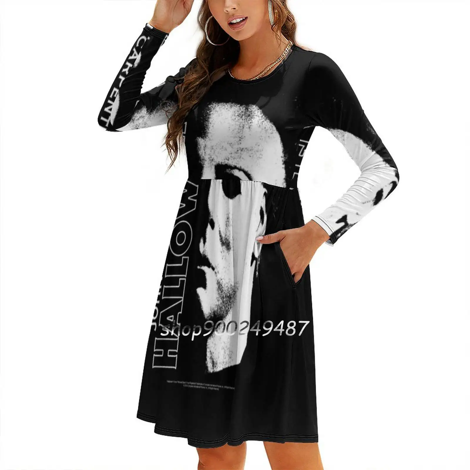 Halloween Michael Myers Large Face Women Casual High Waist Mini Dress Long Sleeve Dress Autumn New Fashion Dress Halloween