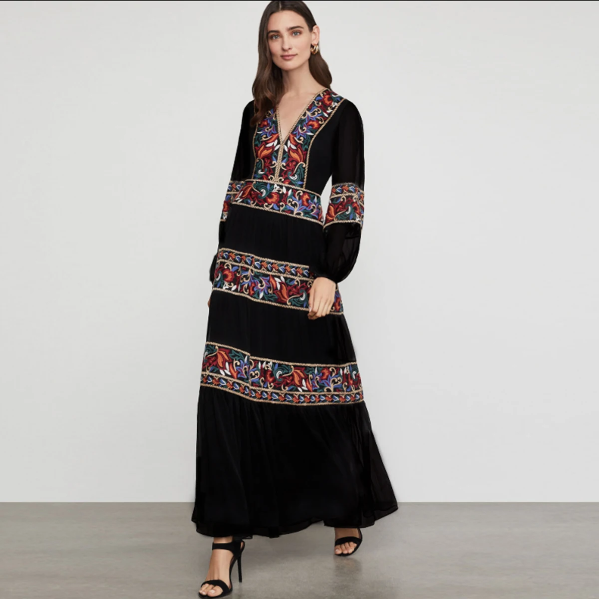 

Black Retro Floral Embroidered Maxi Dress V-Neck Long Sleeve Spring Autumn Women Clothing 2024 Boho Dresses Female Vestidos