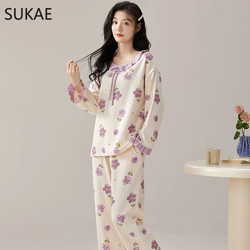 SUKAE Autumn Winter New Faux Cotton Sleepwear Leisure Lady Pijamas Long Sleeves Chic Homewear Cute Nightwear Women Pajamas Set