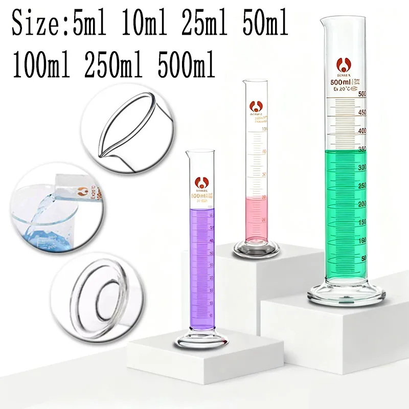 1PCS Lab Measuring Cylinder Set 5ml 10ml 25ml 50ml 100ml 200ml 500ml, Thick Glass Graduated Cylinder Kit for Laboratory Supplies