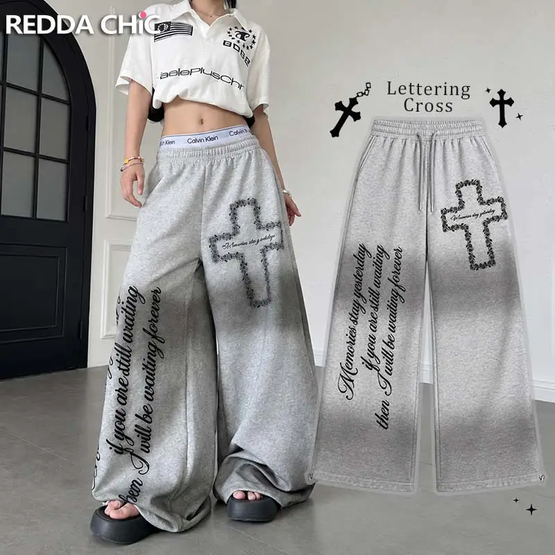 ReddaChic Women Wide Leg Parachute Sweat Pants Jazz Oversized Do Old Gray Cross Printing Elastic Waist Joggers Hip Hop Bottoms