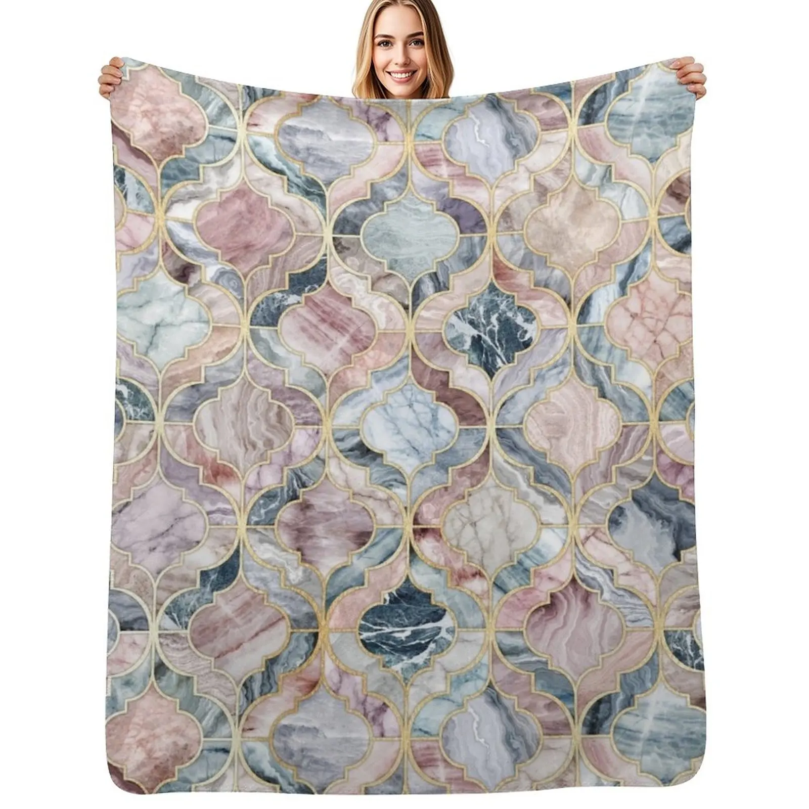 

Marble Moroccan Tile Pattern Throw Blanket Soft Home Decor Blanket for Couch Bedroom