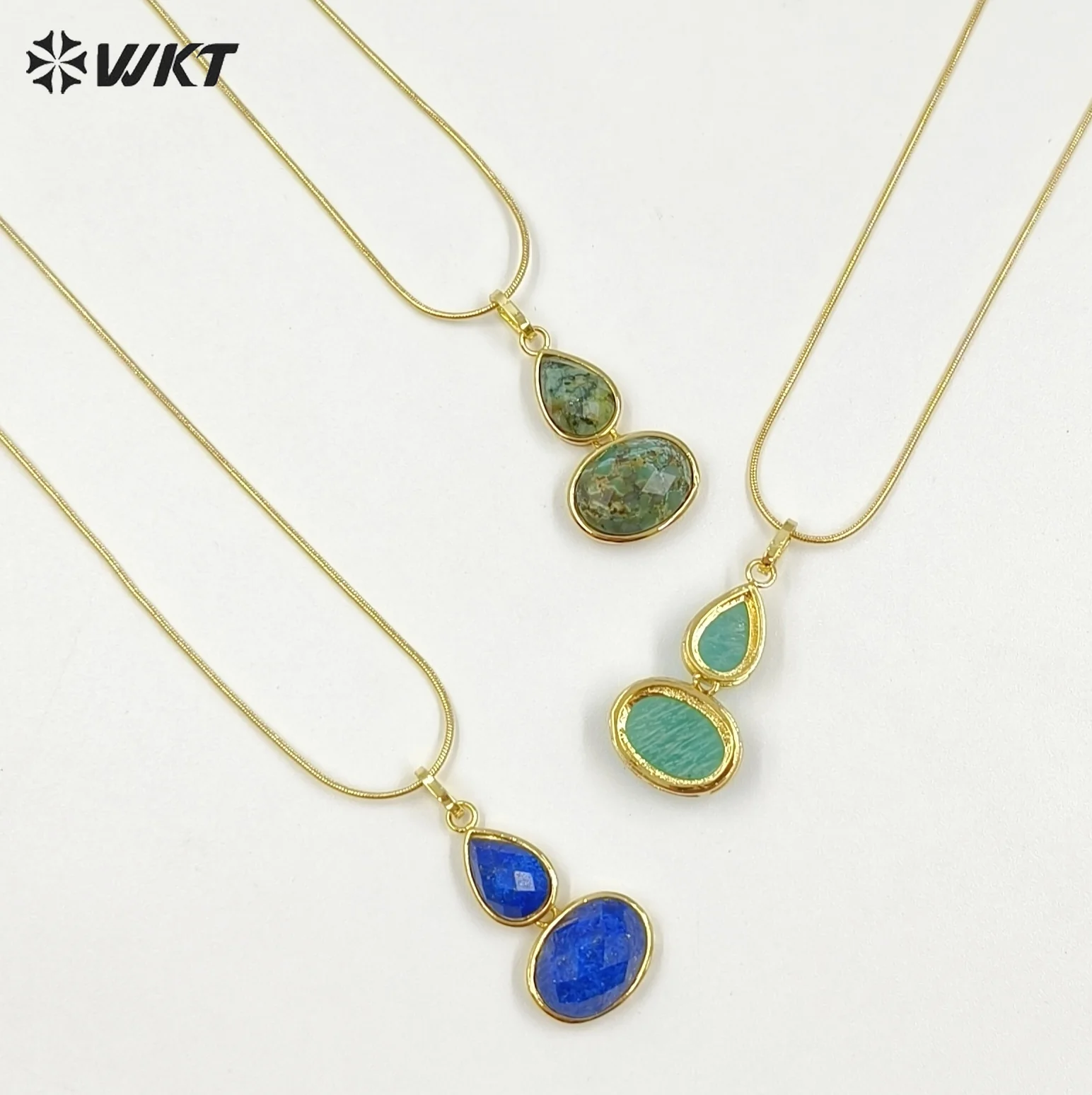 WT-N1537 Trendy Minimalism Gold Plated Thin Chain With Natural Gemstone Gourd Shape Pendant Necklace For Women Daily Wearing