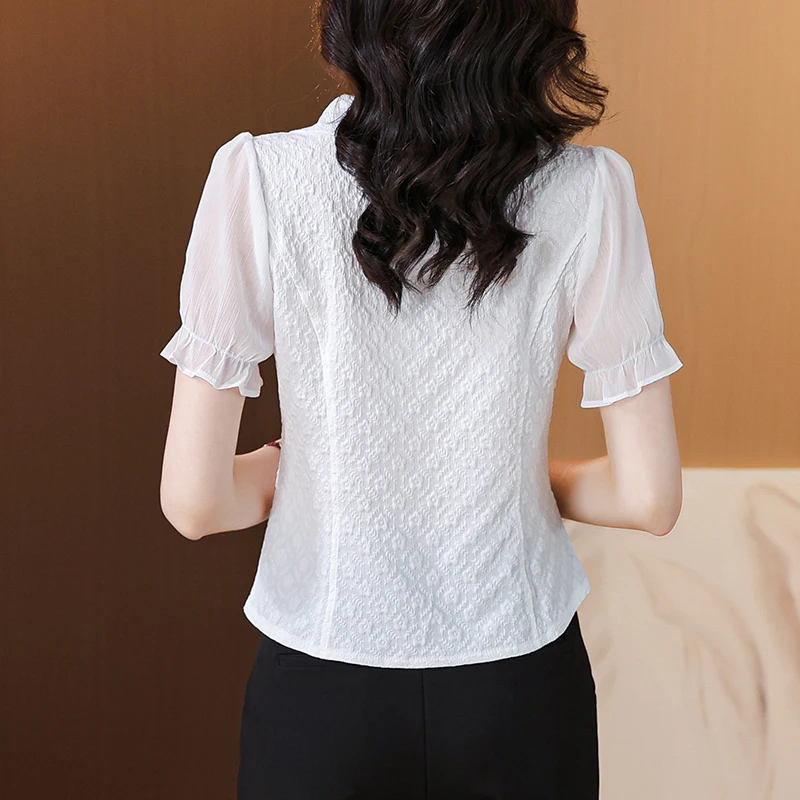 2024 Summer New White Shirt Design Sense Women\'s Bubble Sleeves French Style Slim Fit Gentle and Unique Pullover Shirt Short Sle