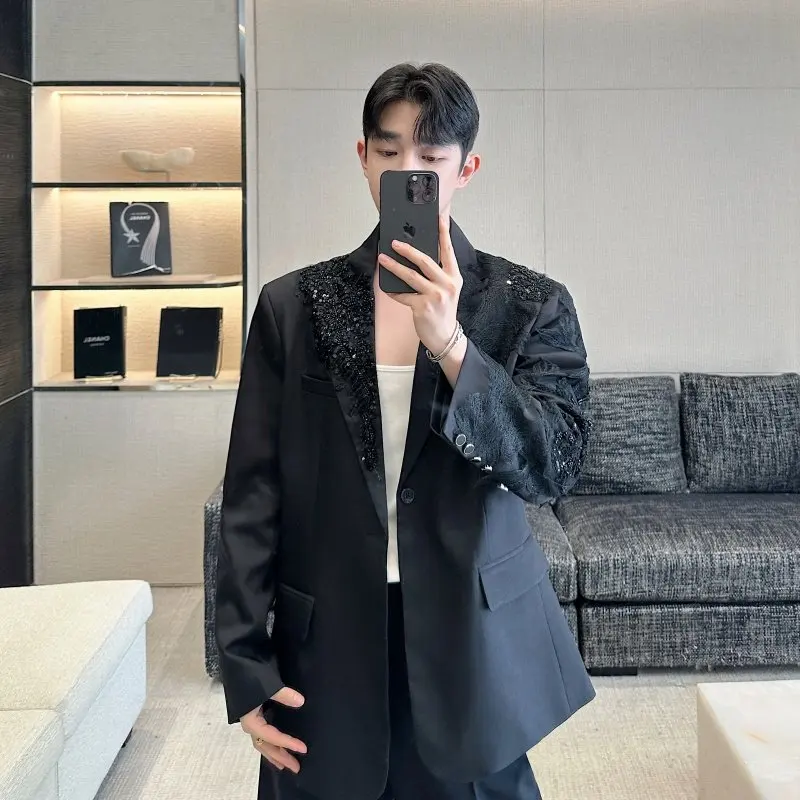 

Ele Embroidered Stage Suit Jaet for Men Heavy Work Design Casual Faion Urban Sle Long Sve Single Button Closure