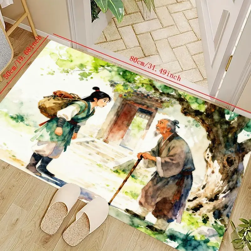 

1PC Vintage Chinese Watercolor Scene Carpet for Living Room, Home Entrance Floor Mat with Traditional Characters, Cozy Area Rug