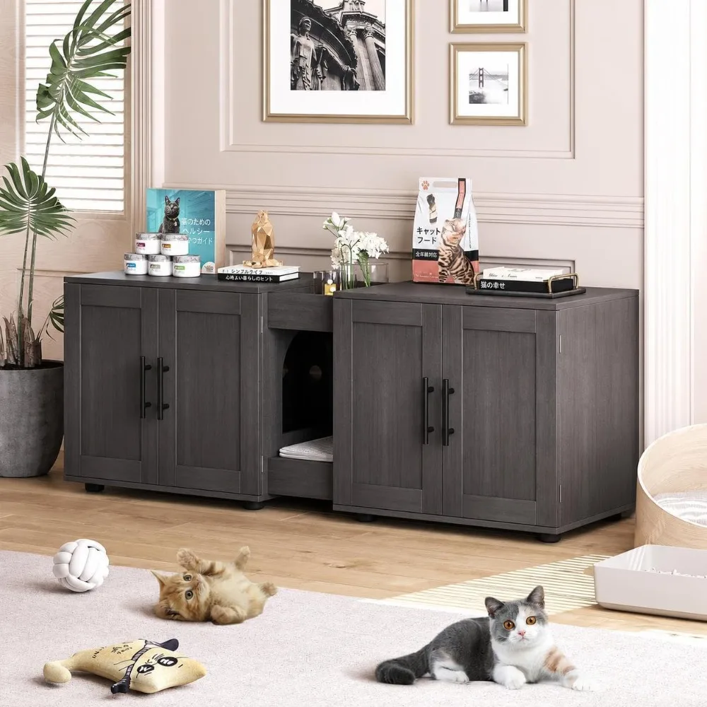 Hidden Litter Box Enclosure Furniture for 2 Cats Wooden Enclosed Storage Organizer Cat Litter Box Furniture Hidden Washroom Cat House Cat