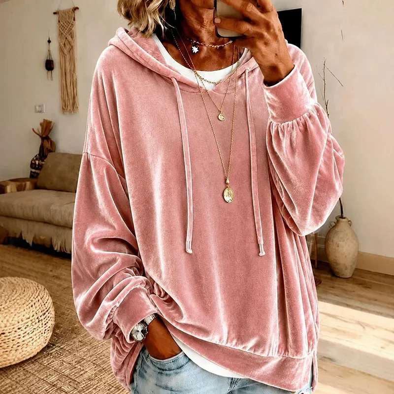 Women Velvet Hoodie Drawstring Long Sleeve Sweatshirt Solid Loose Pullover Tops Elegant Casual Autumn Winter Office Daily Hood