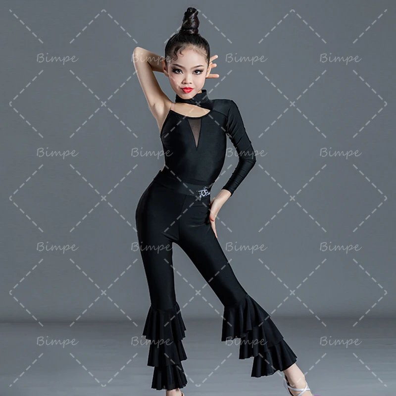 

Samba Tango Kids Latin Dance Clothes Girls One-Sleeved Tops Ruffled Pants Black Practice Suit Cha Cha Dance Performance Costume