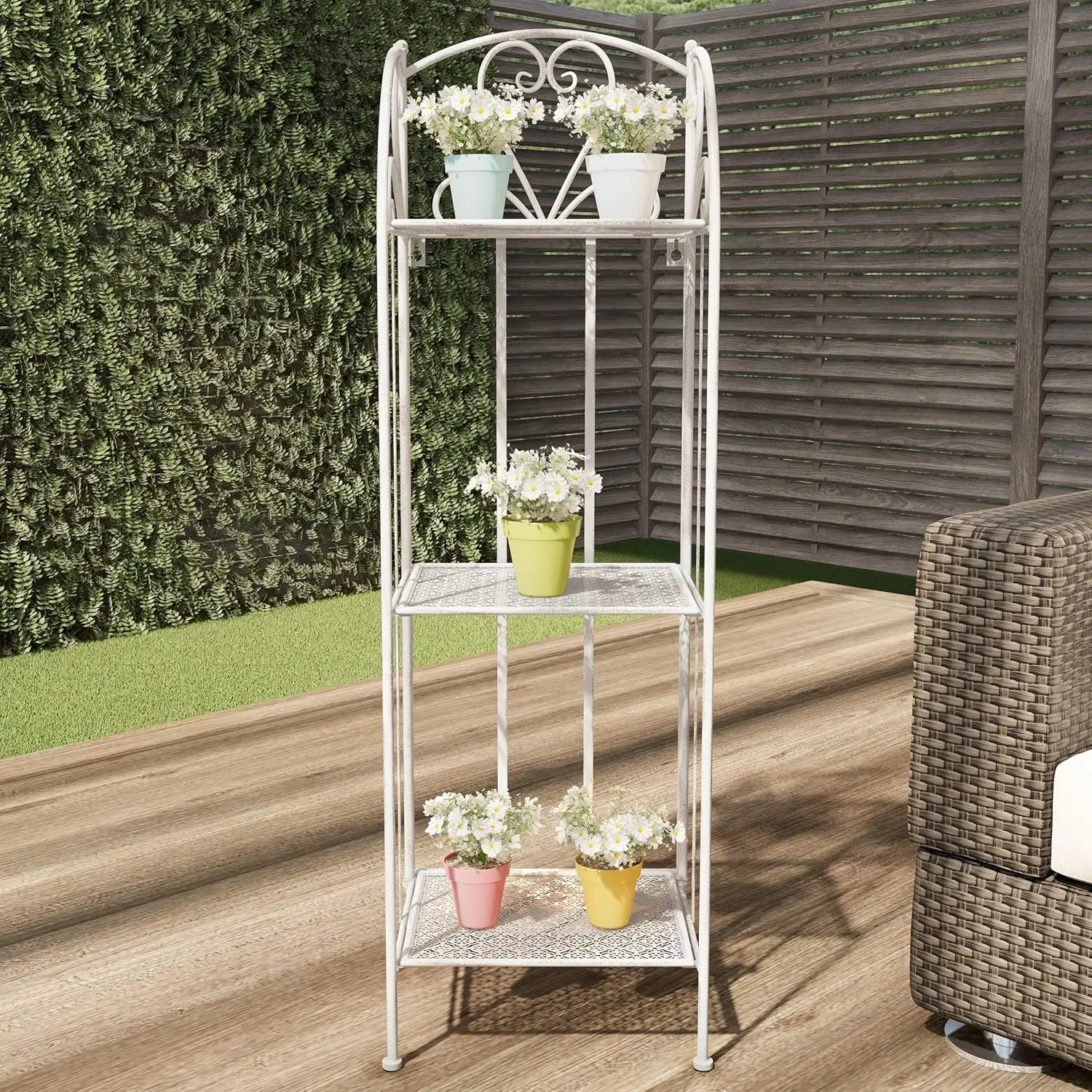 Plant Stand 3-Tier Vertical Shelf Indoor or Outdoor Folding Wrought Iron Home Garden (Antique White)