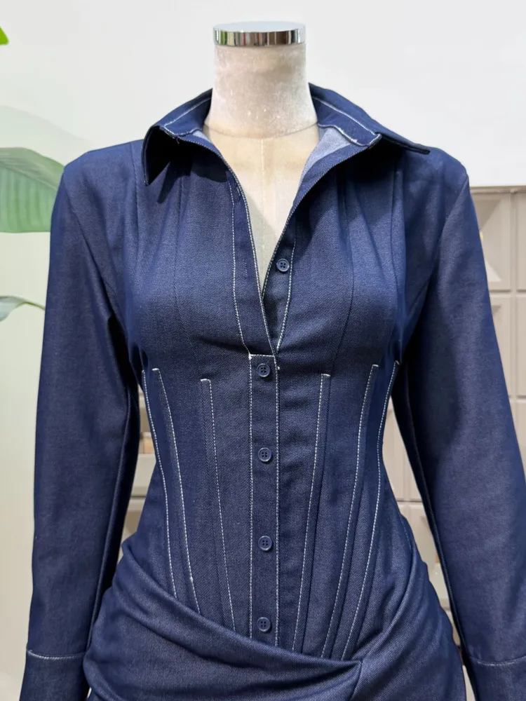 DFDG Abito da ufficio primavera estate 2025 da donna Denim Blu finto in due pezzi con vita disossata Abito camicia a tubino increspato Abito dal design artigianale