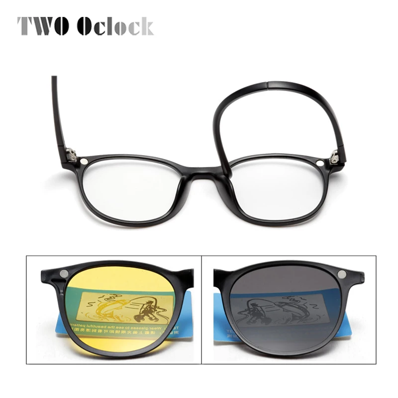 TWO Oclock Magnet Sunglass Women Men Polarized Lens Optical Spectacle Frame Clip On Glasses Men Round TR90 3D Night Vision A2245