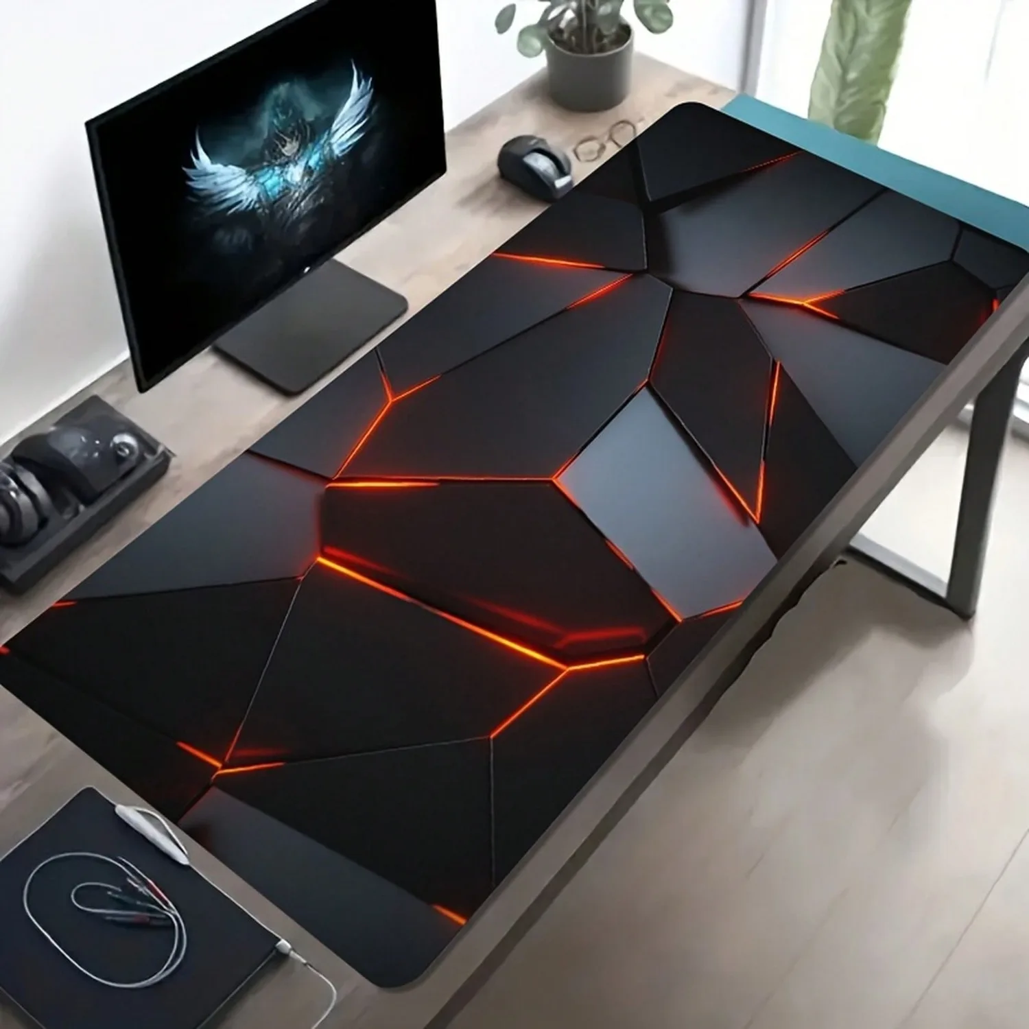 

One Large E-Sports Gaming Mouse Pad, Black With Red Border And Geometric Art Pattern, Non-Slip, Washable Rubber Bottom, Large Size Desk Mat, Office Desk Accessory, Computer Decoration Accessory, Desktop Decoration, Dirt-Resistant Gaming Mouse Pad.