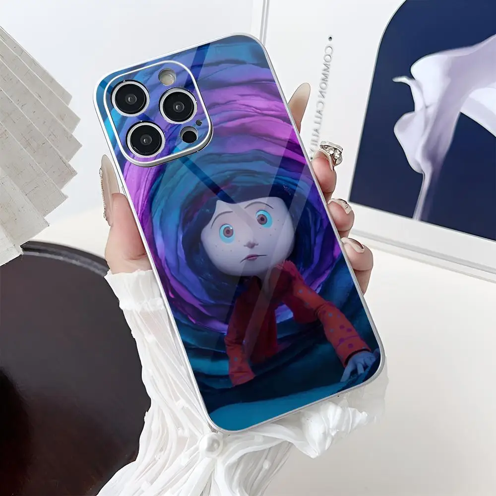 Anime Hot C-Coraline MINISO Phone Case Electroplated Glass For Iphone 16-11 Plus ProMax X XR XSMax 7Plus