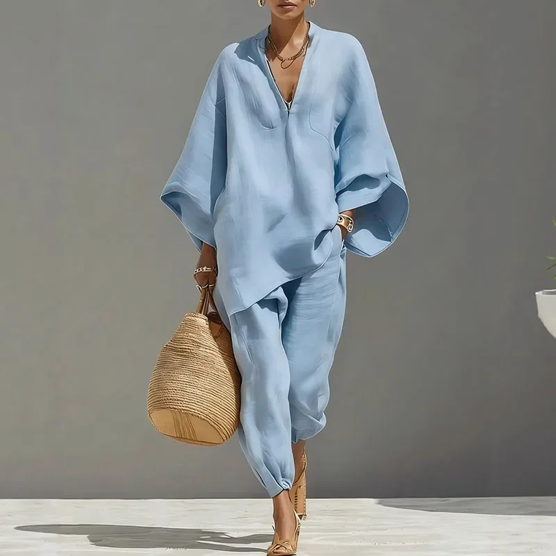 Female Clothing Two Piece Set Spring V Neck Loose Top Pullover & Long Pants Outfits Woman Batwing Sleeve Vintage Suit Mujer