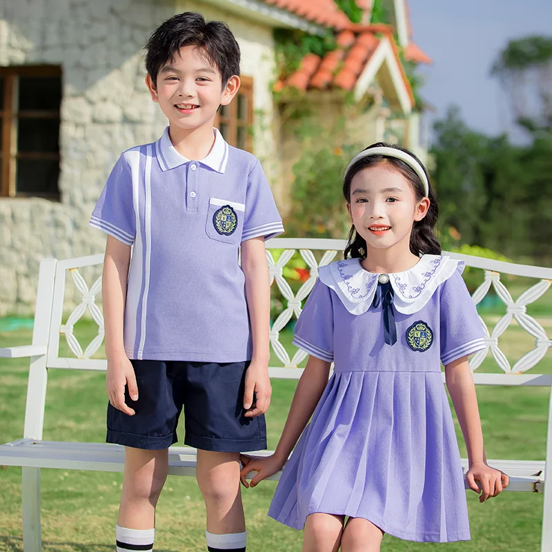 Boys Summer School Uniform Polo Shirt Shorts Girls Elegant Dress Pleated Skirts Kids Kindergarten Clothes Children Students Sets