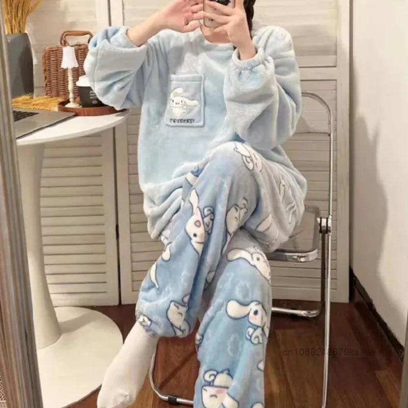 Sanrio Cinnamoroll Winter Women Coral Fleece Pajamas Thickened Loose Casual Cartoon Home Suit Set Y2k Sweet Girl Trend Sleepwear