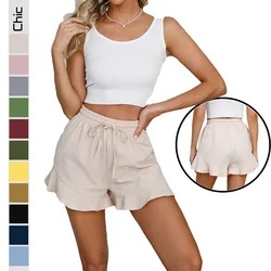 Pantalones cortos de lino y algodón para mujer, Shorts de cintura elástica con cordón, ligeros, a la moda, con dobladillo y pierna ancha, elegantes e informales