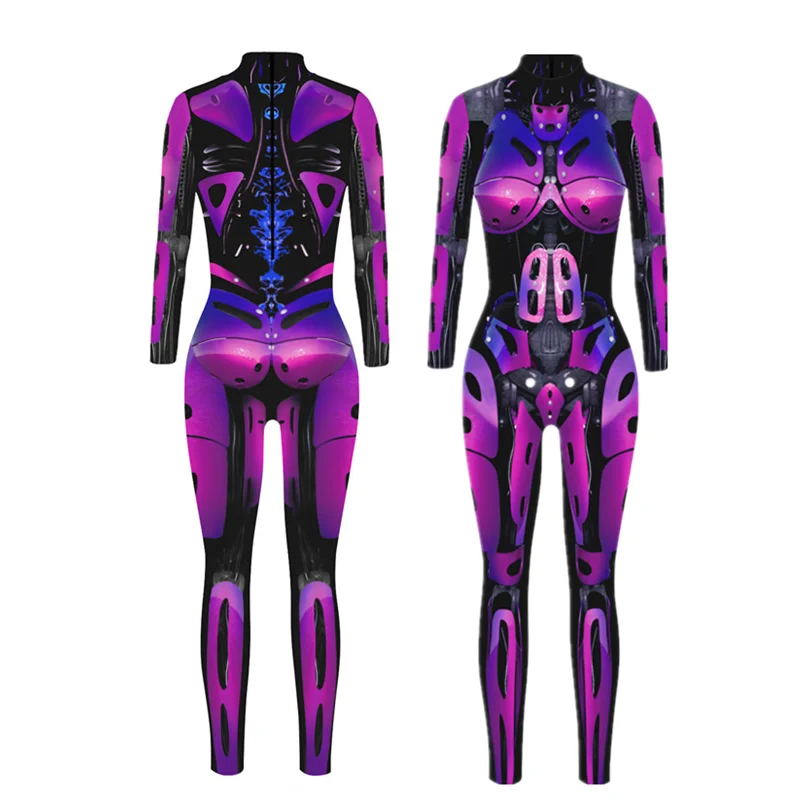 3D Digital Print Jumpsuit Robot Punk Armor Zentai Cosplay Costume Women\'s Cyberpunk Zipper Bodysuit Halloween Party