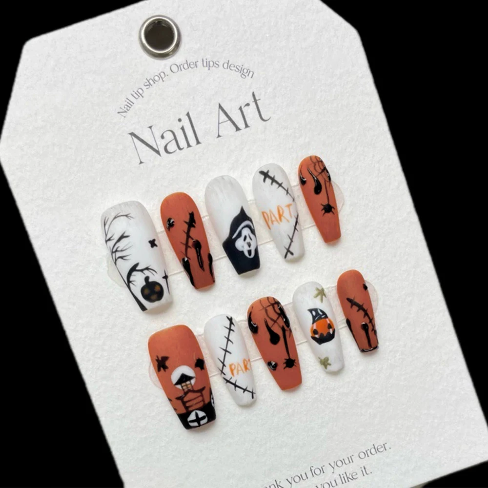 10Pcs Pumpkin Fantasia Long Coffin Handmade Press on Nails Wearable Halloween Cute Orange Design Fake Nails Manicure Decoration