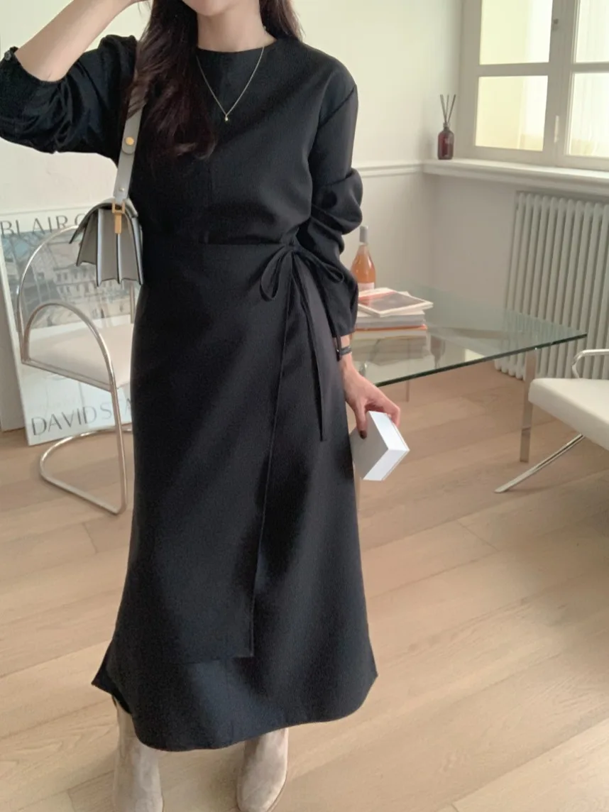 Elegant round Neck Tied Dress Women's Waist Cinching Long Dress Autumn Initial Item Layered Wear Office Commute Style Long Sl...