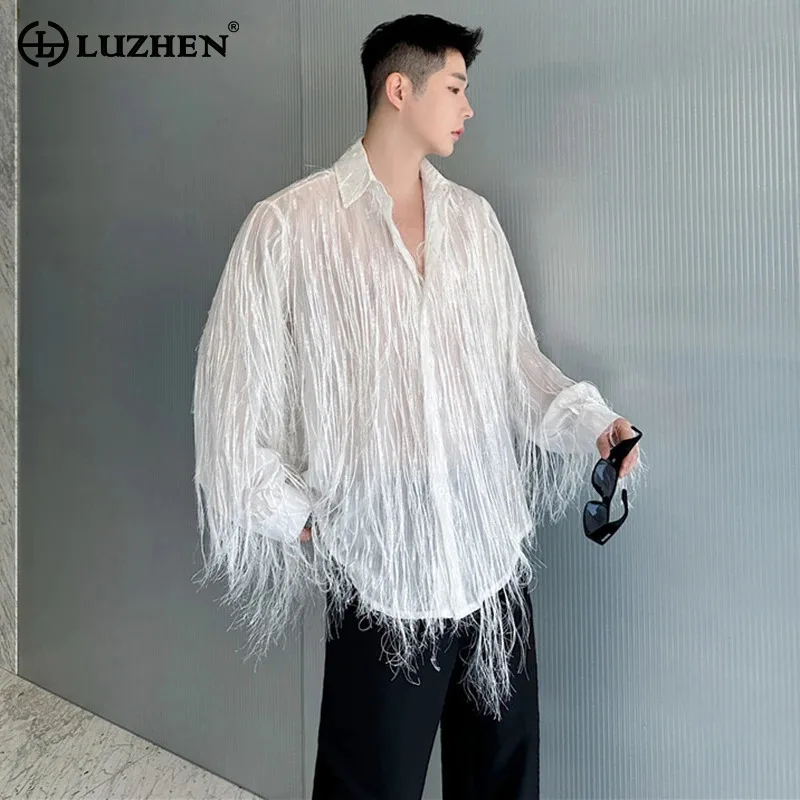 LUZHEN Stylish Tassel Design Loose High Quality Casual Shirts Men 2025 New Solid Color Long Sleeve Tops Night Club Outfit JY2036
