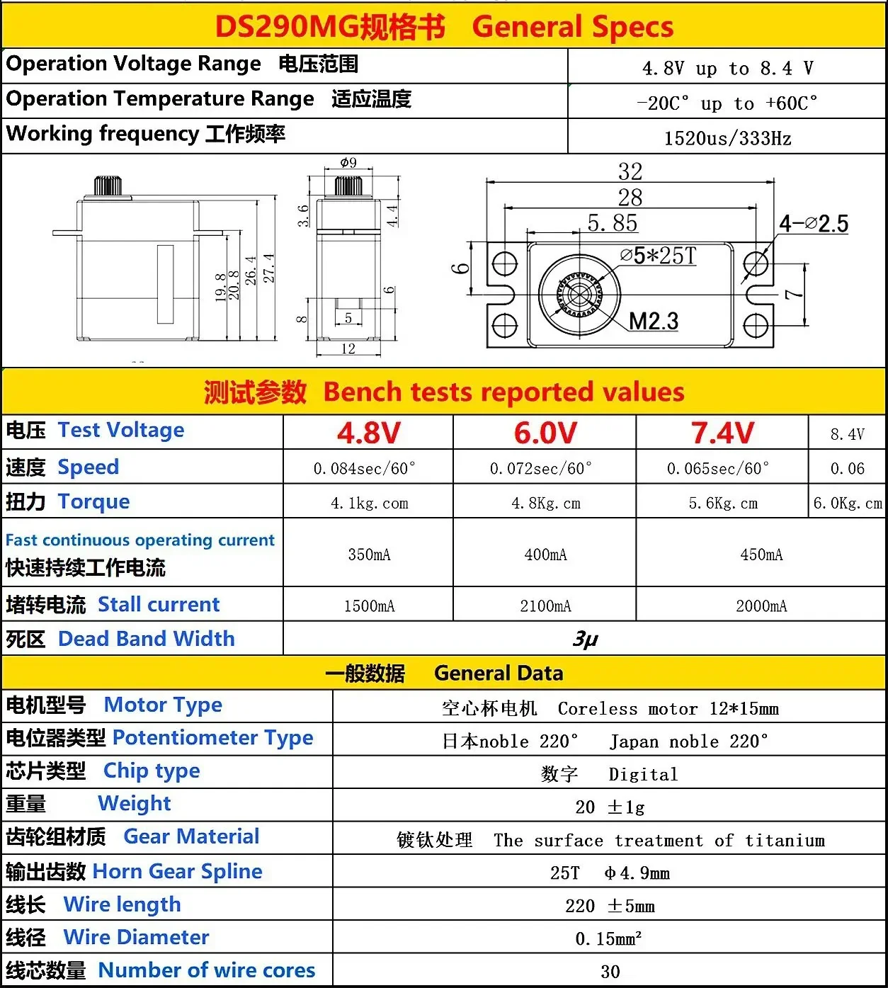 GDW DS290MG 4.8kg High Torque Mini Digital Servo Coreless Motor Metal Gear HV 7.4V Waterproof For RC Helicopter Car Model
