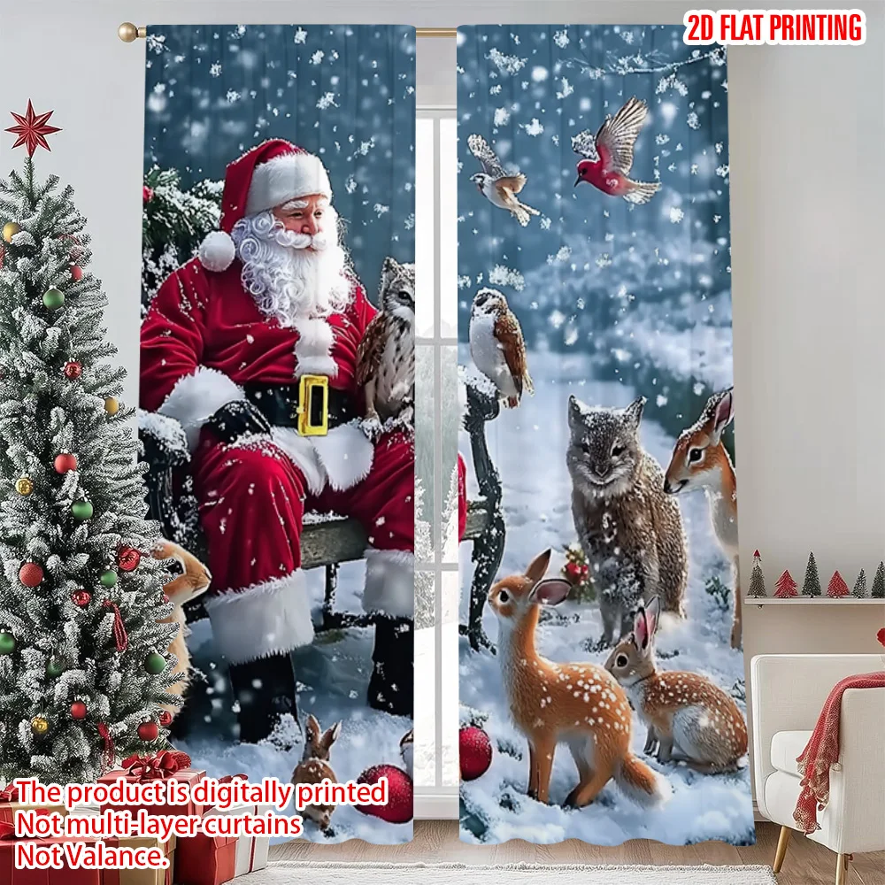 

2pcs 2D flat printing Merry Christmas Popular Curtain Creative Santa's Animal Friends Versatile Polyester Fabric Without